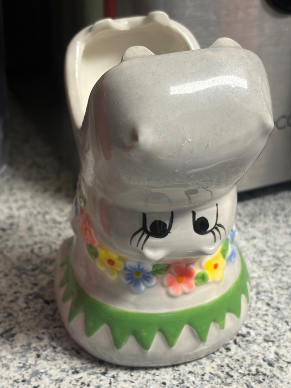 Vintage Ceramic Hippo Planter with Floral Collar - White & Green